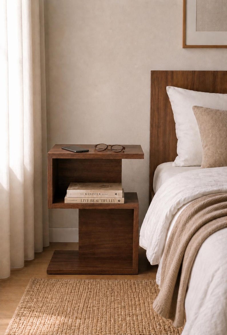 May include: A dark brown wooden nightstand with a modern design. The nightstand has two shelves, with books, a phone, and glasses on top. The bed has white bedding and a brown throw blanket.