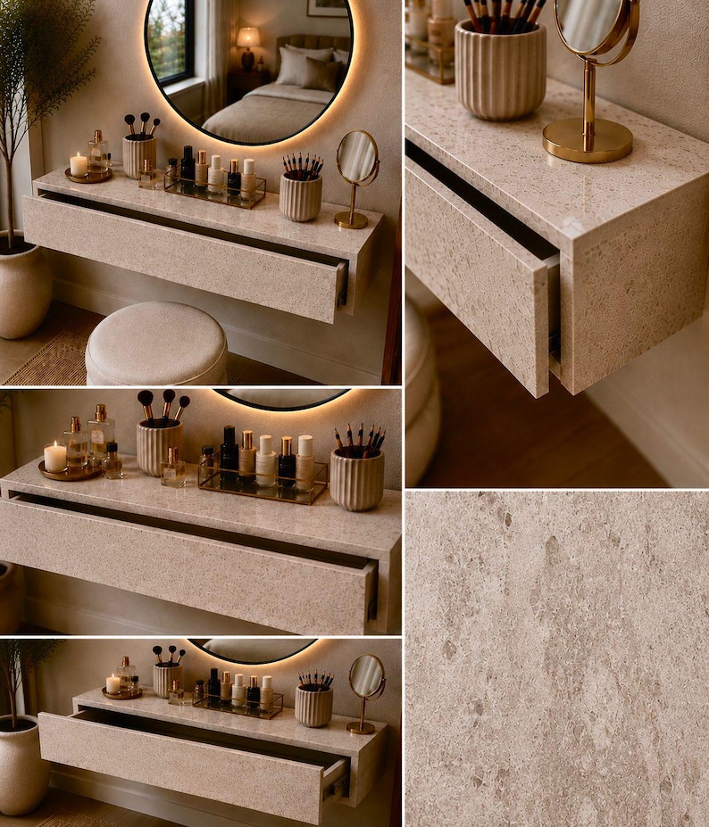 May include: A modern vanity with a neutral color palette. The floating vanity features a built-in drawer and is adorned with makeup, brushes, and a round mirror with a glowing light. A small stool sits below the vanity.