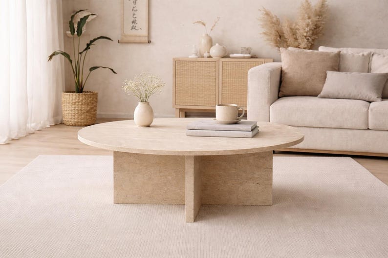 May include: A light beige, round coffee table with a cross-shaped base sits on a light beige rug. A beige sofa with throw pillows is in the background. A woven basket holds a potted plant. A small vase with flowers and a mug are on the table.