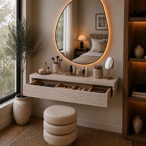 May include: A modern vanity setup with a large, irregularly shaped mirror with a warm, glowing border. The vanity features a floating drawer, a round stool, and various beauty products. A tall plant in a vase sits beside a window.