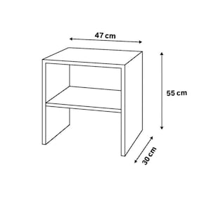 May include: A white, open-shelf nightstand or side table. The table is 18.5 inches wide, 21.6 inches tall, and 11.8 inches deep. It has a simple, modern design with a rectangular top and a lower shelf.