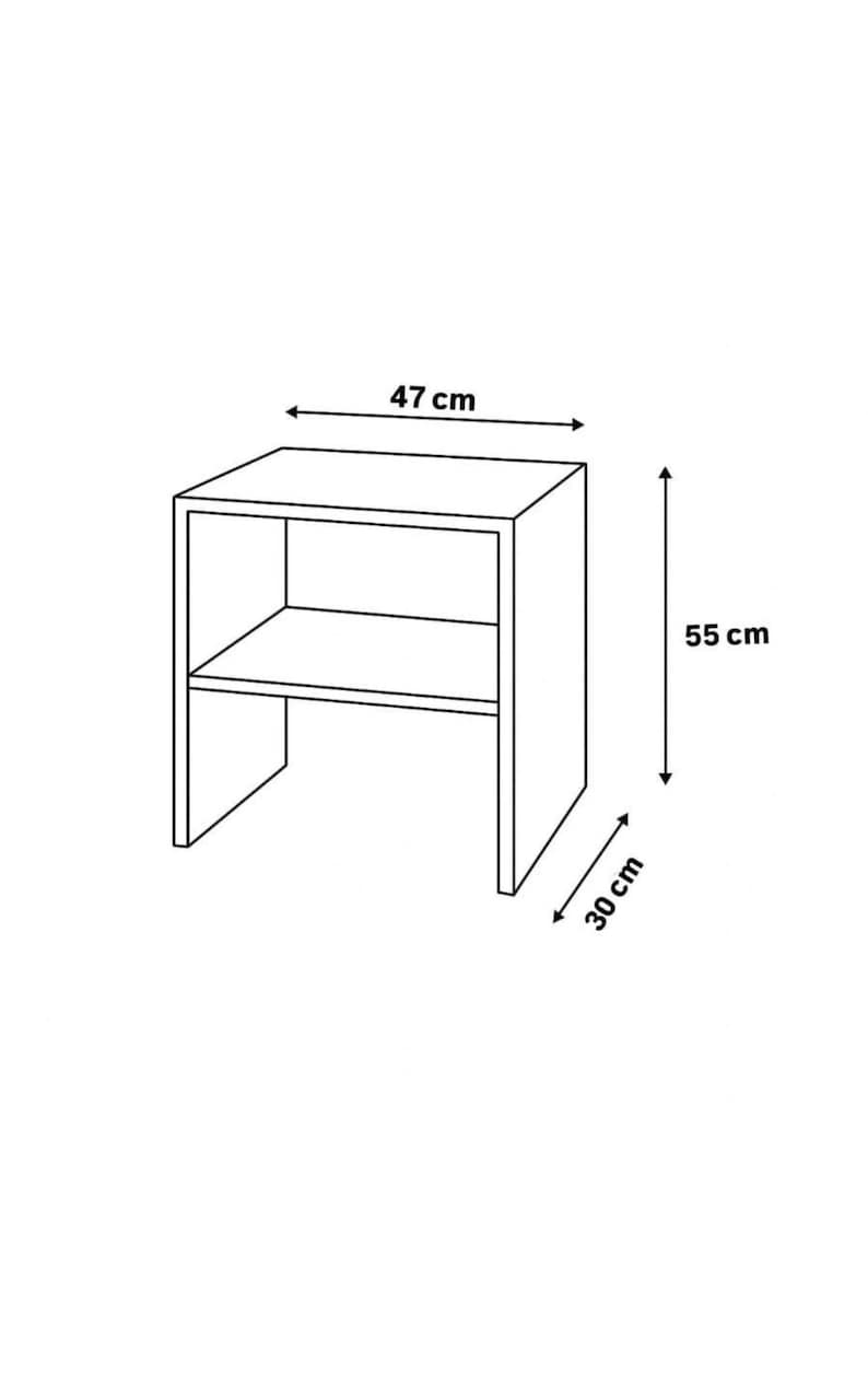 May include: A white, open-shelf nightstand or side table. The table is 18.5 inches wide, 21.6 inches tall, and 11.8 inches deep. It has a simple, modern design with a rectangular top and a lower shelf.