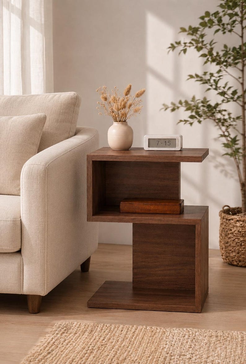 May include: A dark brown wooden side table with a unique, modern design. The table has two shelves and a rectangular shape. A small white clock displaying "7:15" sits on top, next to a vase with dried flowers. A brown box is on the lower shelf.