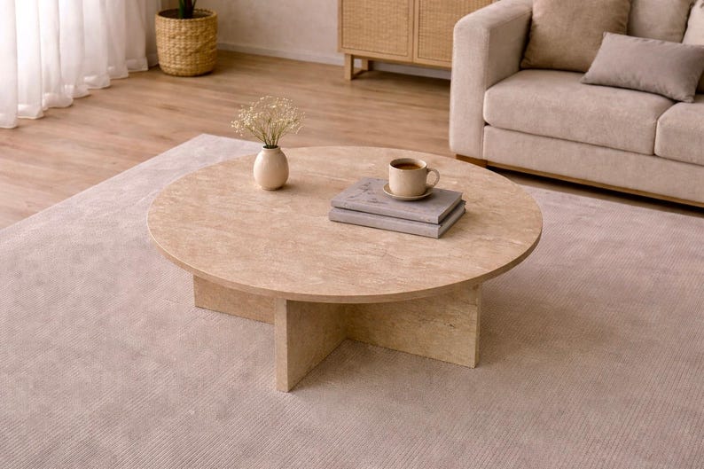 Round Travertine Coffee Table | Japandi Coffee Table | Minimal Coffee Table | Modern Stone Look Coffee Table | Neutral Living Room Table image 1