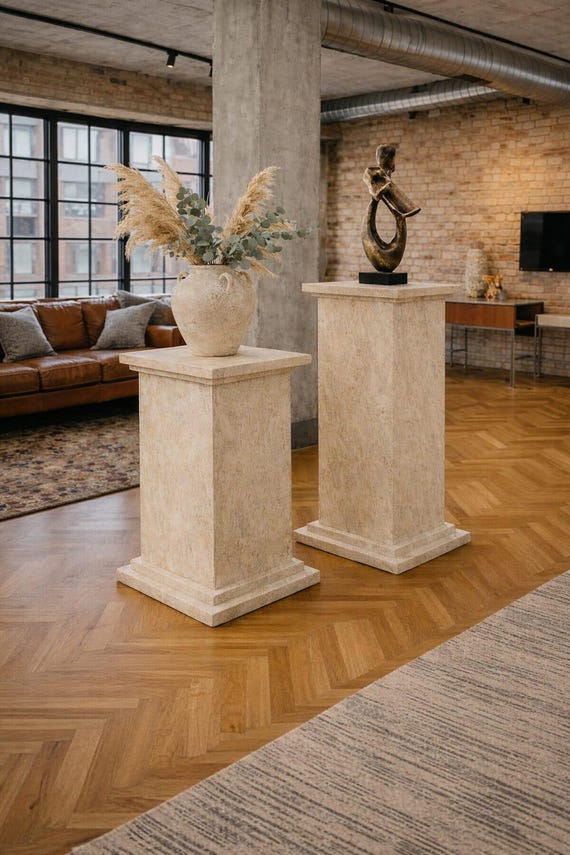 Modern Pedestal Display Stand Set, Travertine Look Sculpture Column, Art Object for Home Decor, 75 cm & 90 cm