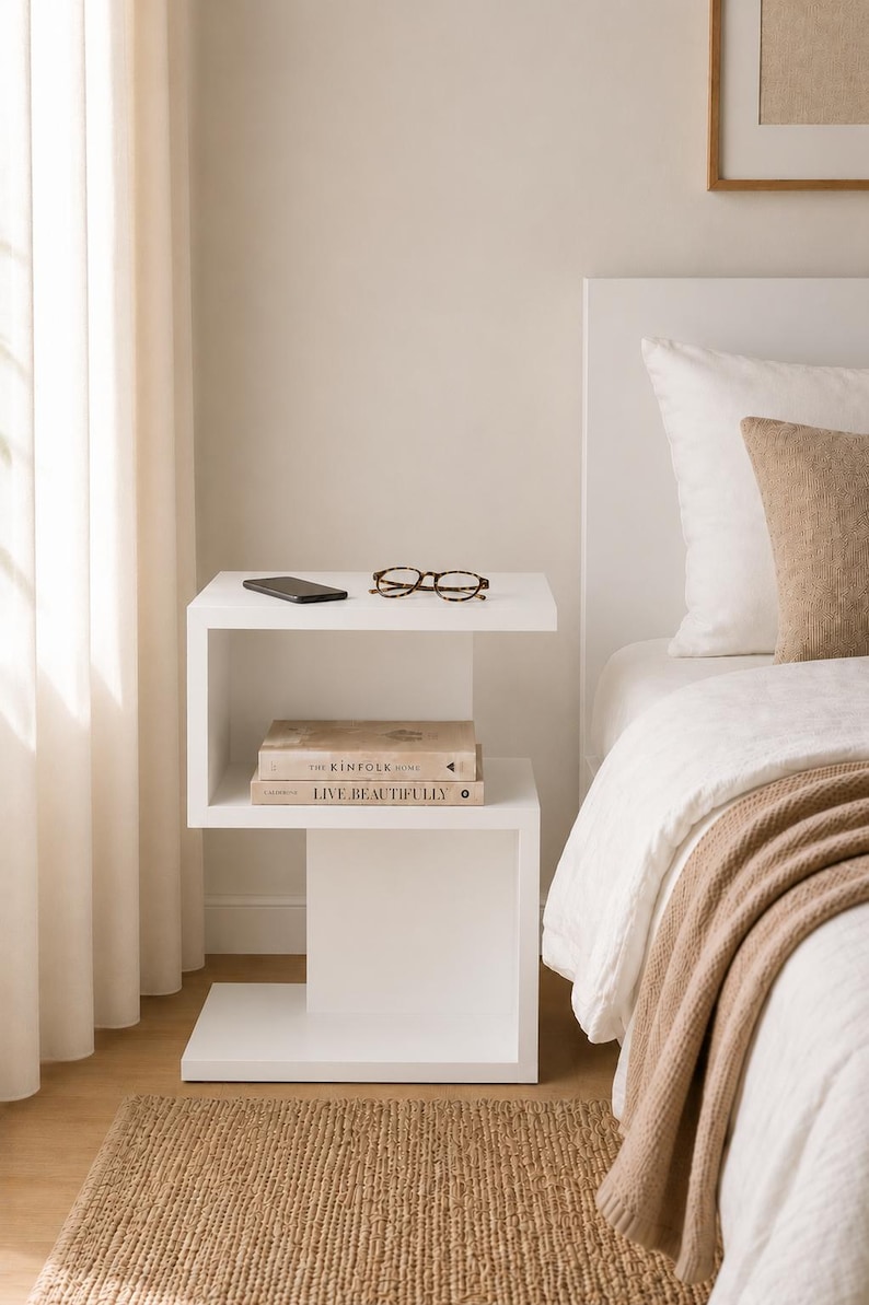 May include: A modern white bedside table with a unique, open design. The table holds a smartphone, eyeglasses, and two books titled "THE KINFOLK HOME" and "LIVE BEAUTIFULLY". The scene includes a bed with white linens and a tan throw blanket.