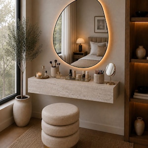 May include: A modern vanity setup with a large, irregularly shaped mirror with a warm, glowing border. The vanity features a stone-like countertop with makeup and accessories, a three-tiered stool, and a potted plant. The room has a neutral color palette.