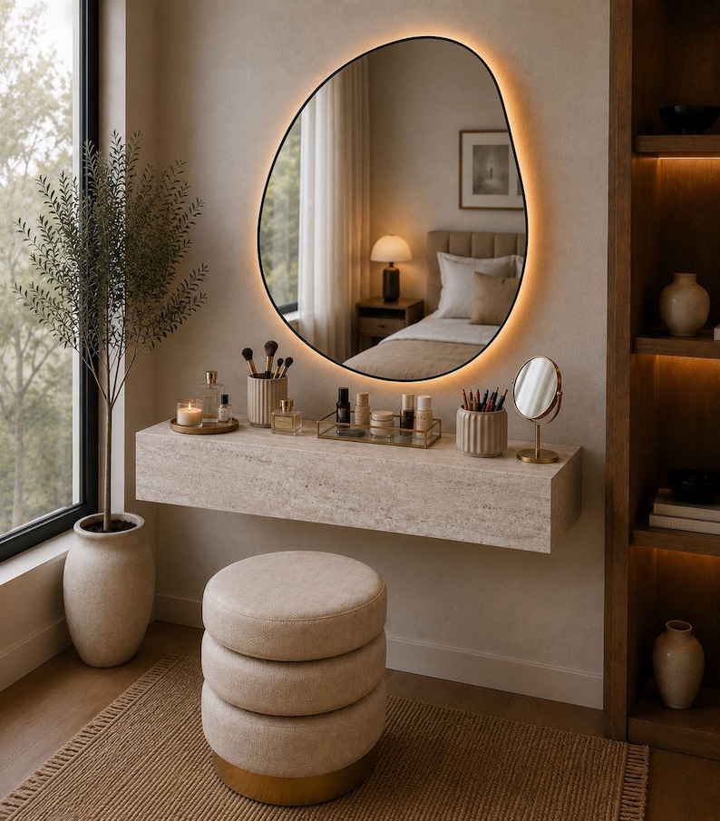 May include: A modern vanity setup with a large, irregularly shaped mirror with a warm, glowing border. The vanity features a stone-like countertop with makeup and accessories, a three-tiered stool, and a potted plant. The room has a neutral color palette.