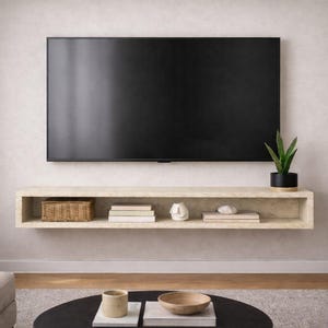 May include: A modern living room setup featuring a large black flat-screen TV mounted on a light-colored wall. Below the TV is a floating shelf with decorative items, including books, a small sculpture, and a woven basket. A potted plant adds a touch of greenery.