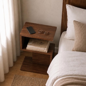 May include: A modern, dark wood nightstand with a geometric design. The nightstand holds a smartphone, eyeglasses, and two books. The bed has white bedding and a tan throw blanket. A woven rug is on the floor.