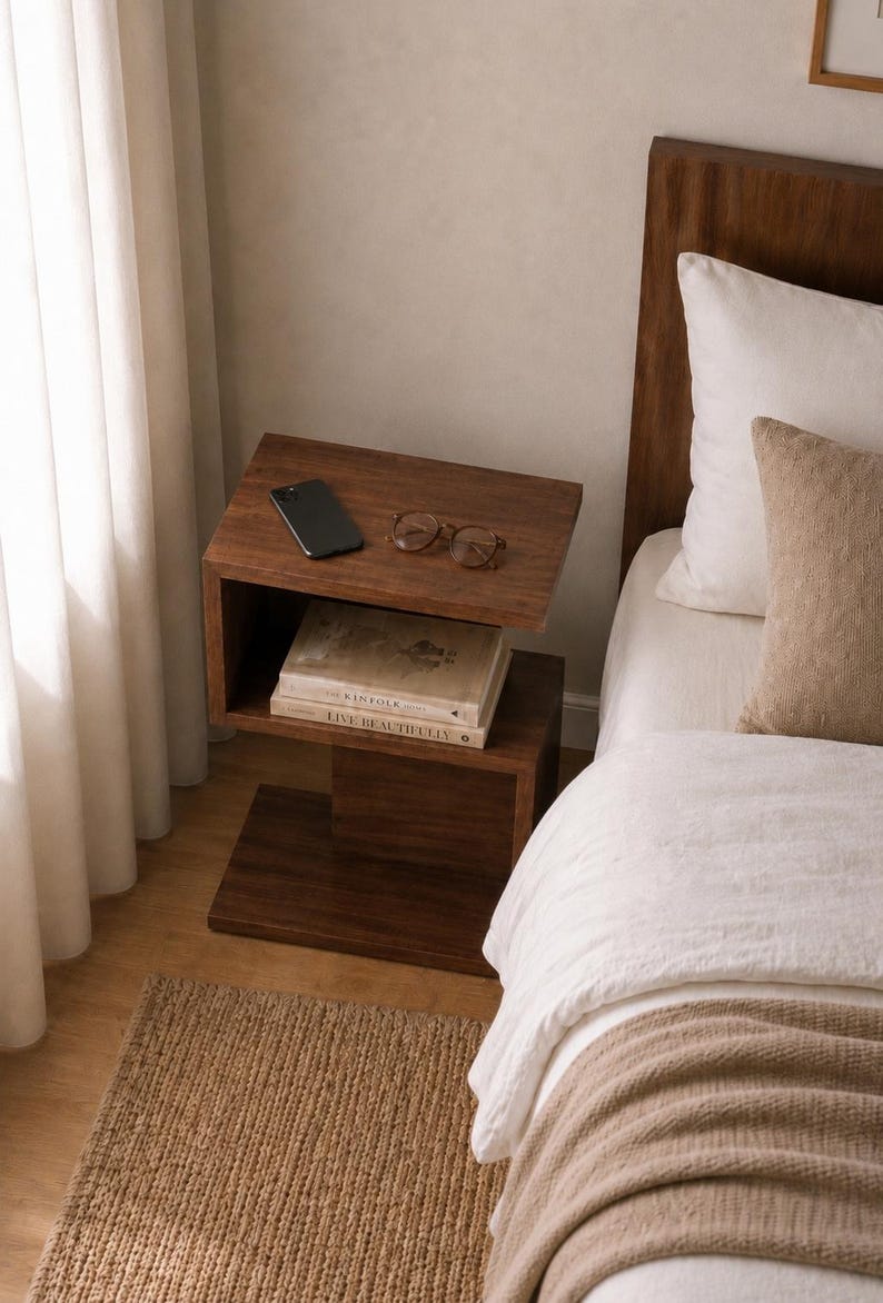 May include: A modern, dark wood nightstand with a geometric design. The nightstand holds a smartphone, eyeglasses, and two books. The bed has white bedding and a tan throw blanket. A woven rug is on the floor.