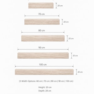 May include: Five rectangular shelves in varying lengths, from 23.6 inches to 39.4 inches, each 7.9 inches high and 11 inches deep. The shelves are a light beige color. The image includes dimensions and text about custom sizes.