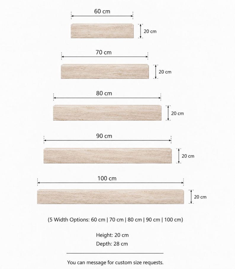 May include: Five rectangular shelves in varying lengths, from 23.6 inches to 39.4 inches, each 7.9 inches high and 11 inches deep. The shelves are a light beige color. The image includes dimensions and text about custom sizes.
