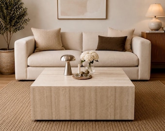 Travertine Look Coffee Table, Square Cube Coffee Table, Scandinavian Living Room Table, Modern Center Table