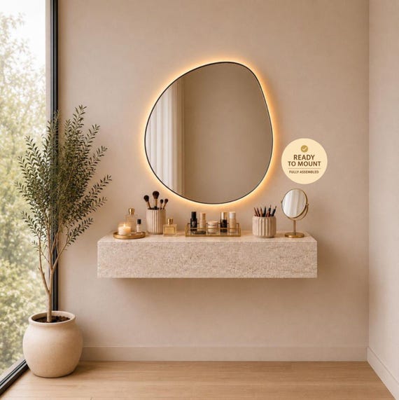 Floating Makeup Vanity Desk with Drawer Storage, Wall Mounted Travertine Look Vanity Table, Bedroom Makeup Table