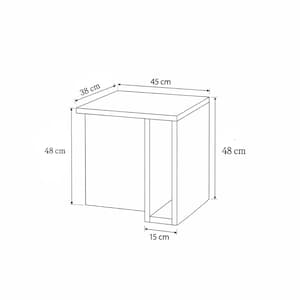 May include: A square side table with a simple design. The table is 18 inches tall, 19 inches wide, and 15 inches deep. The top is 15 inches by 19 inches. The table has an open compartment.