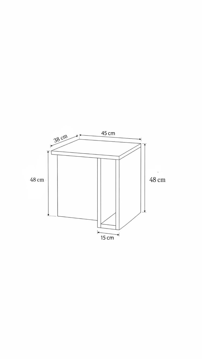 May include: A square side table with a simple design. The table is 18 inches tall, 19 inches wide, and 15 inches deep. The top is 15 inches by 19 inches. The table has an open compartment.