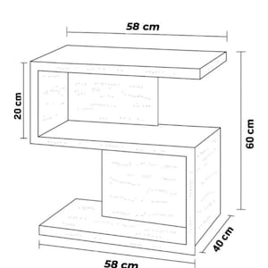 May include: A modern, open-design nightstand or side table. The dimensions are 58 cm wide, 40 cm deep, and 60 cm tall. The top and bottom shelves are 58 cm wide. The middle section is 20 cm tall. The text says "Mirror Pair Available for Set of 2".