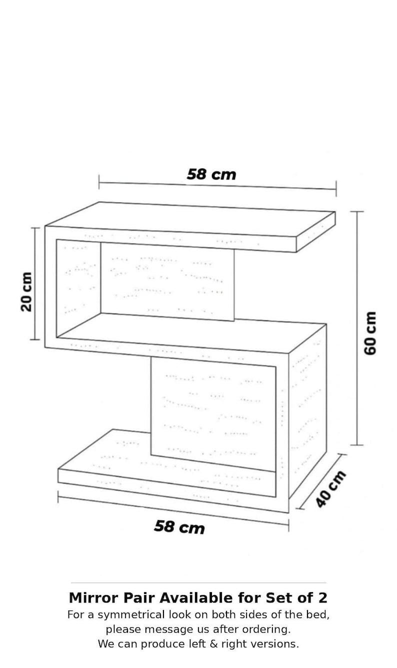 May include: A modern, open-design nightstand or side table. The dimensions are 58 cm wide, 40 cm deep, and 60 cm tall. The top and bottom shelves are 58 cm wide. The middle section is 20 cm tall. The text says "Mirror Pair Available for Set of 2".