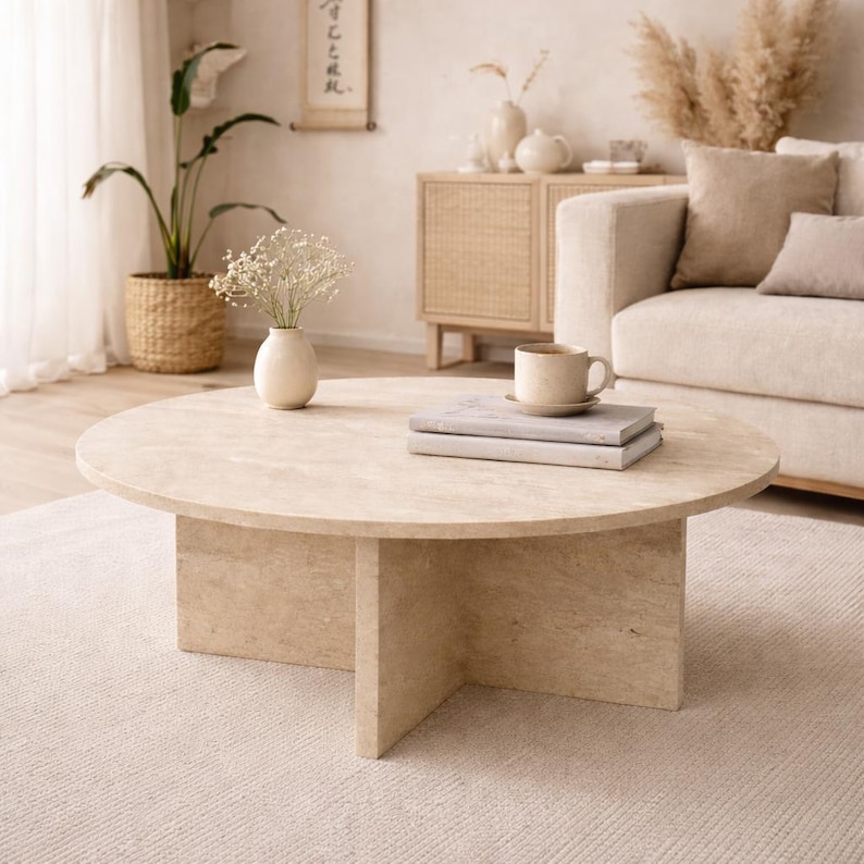 Round Travertine Coffee Table | Japandi Coffee Table | Minimal Coffee Table | Modern Stone Look Coffee Table | Neutral Living Room Table image 2