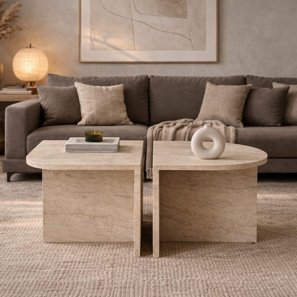 Travertine Look Modular Coffee Table Set, 2-Piece Nesting Coffee & Side Tables, Modern Minimal Living Room Table