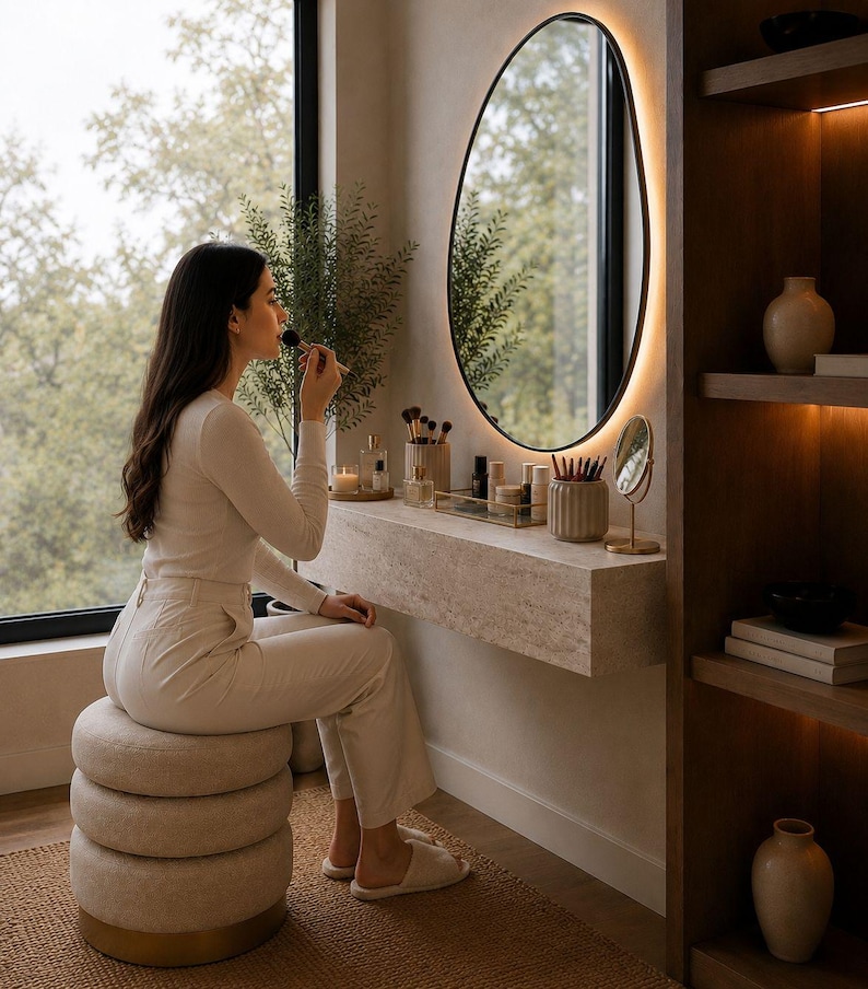 May include: A woman applying makeup at a vanity. The vanity features an oval mirror with a black frame and a built-in light. The countertop holds makeup brushes, perfumes, and other beauty products. A stack of round, beige stools provides seating.