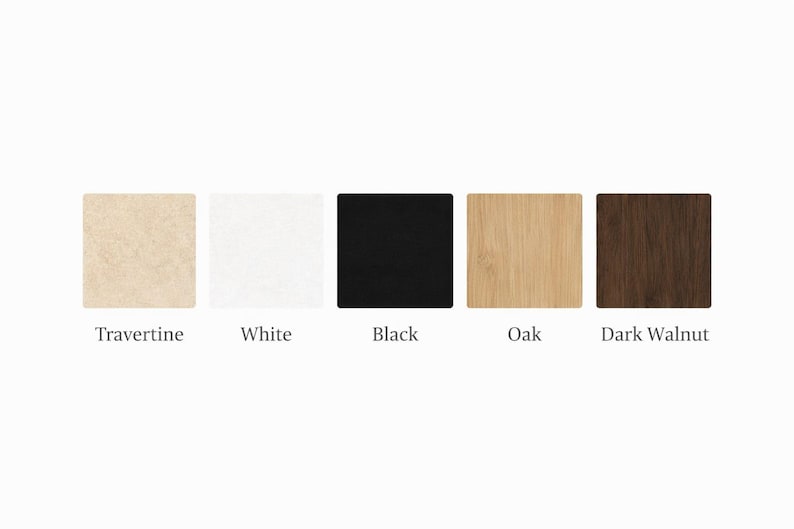 May include: A collection of five square samples showcasing different materials and colors. The samples include Travertine, White, Black, Oak, and Dark Walnut. Each sample has its name written below it in a clean, sans-serif font.