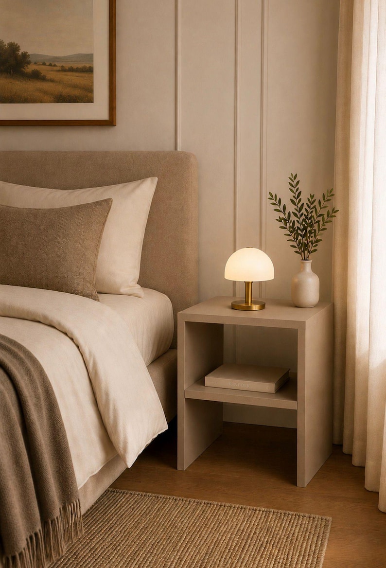 May include: A bedroom scene featuring a neutral color palette. A bedside table holds a lamp with a gold base and a white shade, a vase with greenery, and a book. The bed is made with beige linens and a brown throw.