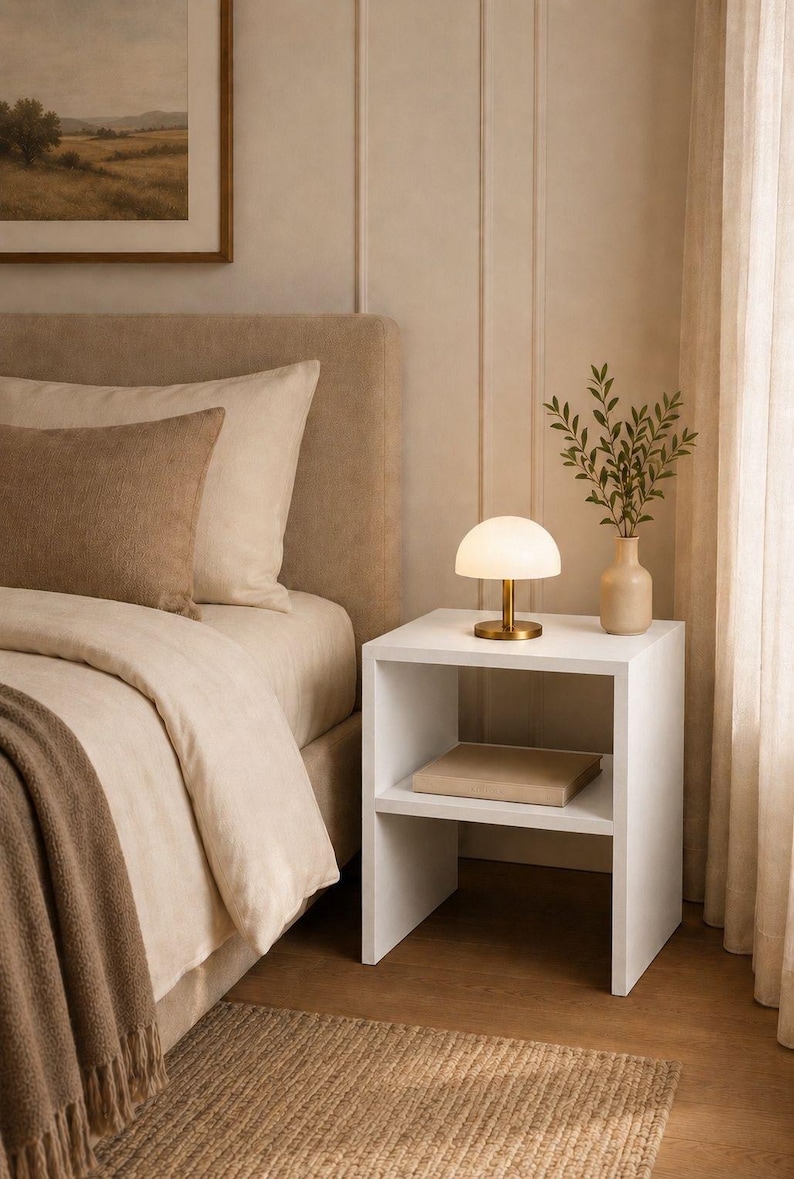 May include: A bedroom scene featuring a white nightstand with a small lamp and a book. A beige bed with pillows and a blanket is in the background. A framed landscape painting hangs on the wall, and a rug is on the floor.