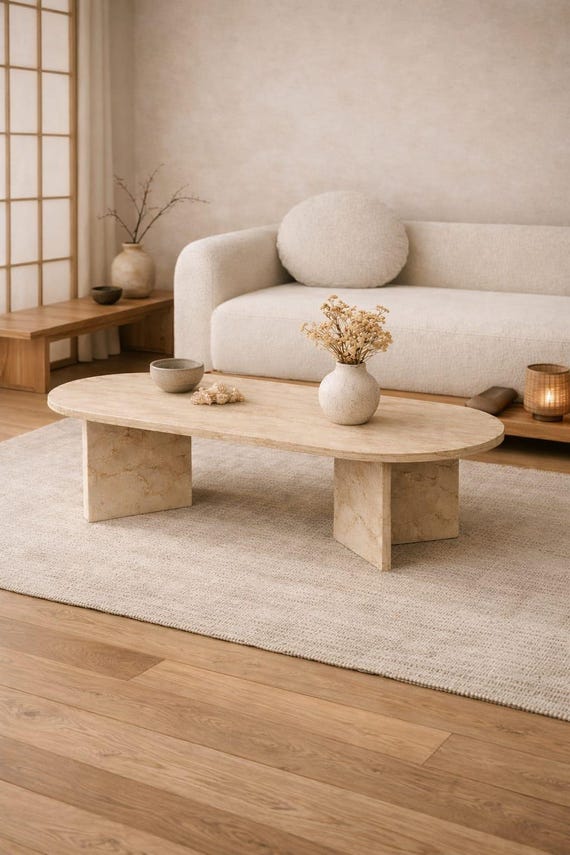 Oval Coffee Table, Modern Coffee Table for Living Room, Japandi Table, Travertine Coffee Table, Wooden Low Table, Minimalist Furniture