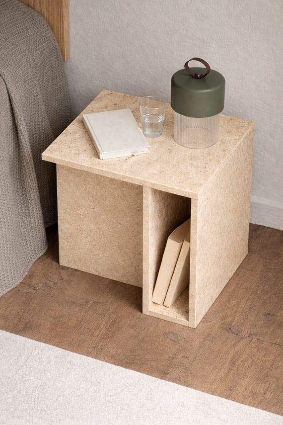 Modern Travertine Nightstand – Minimal Bedside Table with Open Shelf