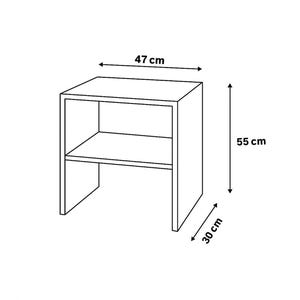 May include: A white, open-shelf side table. The table is 18.5 inches wide, 11.8 inches deep, and 21.7 inches tall. The design features a rectangular top with a shelf below, supported by side panels, creating a modern, minimalist aesthetic.
