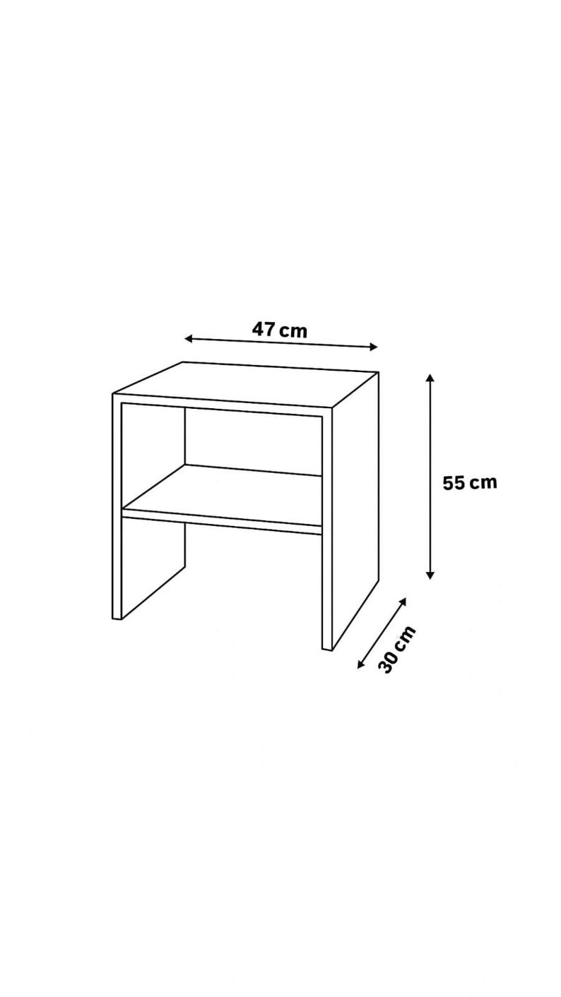 May include: A white, open-shelf side table. The table is 18.5 inches wide, 11.8 inches deep, and 21.7 inches tall. The design features a rectangular top with a shelf below, supported by side panels, creating a modern, minimalist aesthetic.