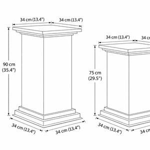 K&ouml;nnte beinhalten: Strichzeichnung von zwei quadratischen Sockeln. Der gr&ouml;&szlig;ere Sockel ist 90 cm hoch, der kleinere 75 cm. Beide Sockel sind 34 cm breit und tief. Die Sockel haben eine quadratische Ober- und Unterseite.