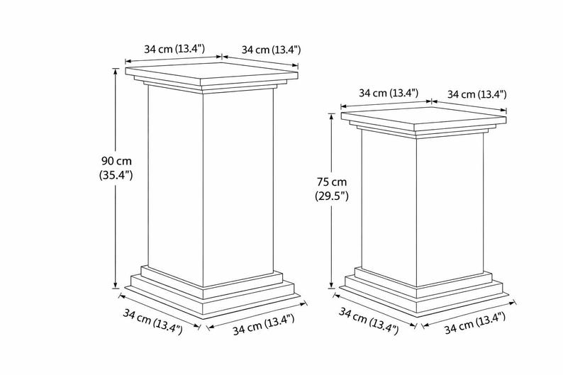 K&ouml;nnte beinhalten: Strichzeichnung von zwei quadratischen Sockeln. Der gr&ouml;&szlig;ere Sockel ist 90 cm hoch, der kleinere 75 cm. Beide Sockel sind 34 cm breit und tief. Die Sockel haben eine quadratische Ober- und Unterseite.