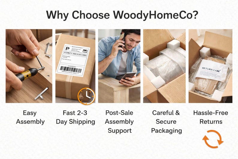 以下が含まれることがあります： WoodyHomeCoを選ぶメリットを紹介する画像。簡単な組み立て、迅速な発送、販売後のサポート、安全な梱包、手間のかからない返品が含まれています。「Why Choose WoodyHomeCo?」のテキストが上部にあります。