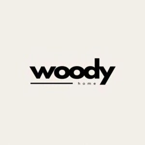 May include: The Woody Home logo features the word "woody" in bold, black sans-serif font, with a horizontal line beneath it. Below the line, the word "home" is written in a smaller, thinner font. The background is a light beige color.
