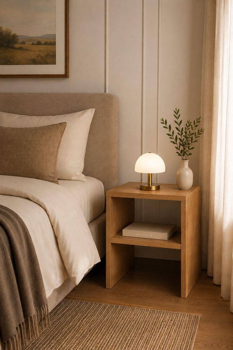 May include: A bedroom scene featuring a wooden nightstand with a lamp, a vase with greenery, and a book. The bed has a beige headboard, white bedding, and a brown throw. A framed landscape painting hangs on the wall.
