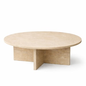 Round Travertine Coffee Table | Japandi Coffee Table | Minimal Coffee Table | Modern Stone Look Coffee Table | Neutral Living Room Table image 12