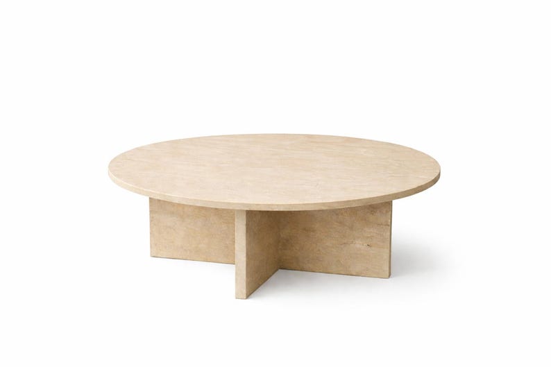 Round Travertine Coffee Table | Japandi Coffee Table | Minimal Coffee Table | Modern Stone Look Coffee Table | Neutral Living Room Table image 12