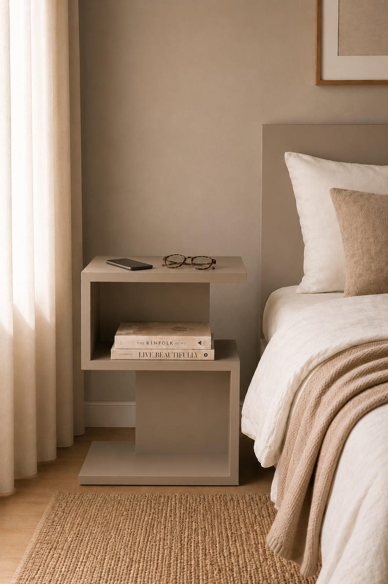 May include: A modern, taupe-colored nightstand with a geometric design. The nightstand holds a smartphone, eyeglasses, and two books titled "The Kinfolk Home" and "Live Beautifully." A bed with white linens and a beige throw is in the background.