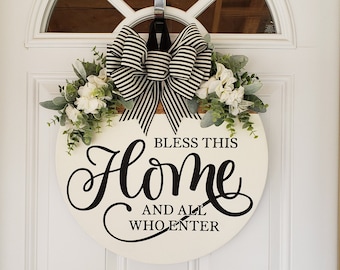 Bless This Home Door Hanger | Hand Painted Round Sign | NO Vinyl