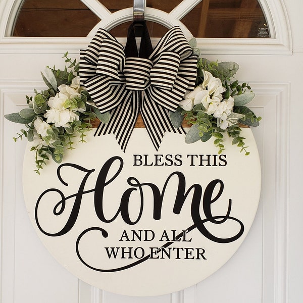 Bless This Home Door Hanger | Hand Painted Round Sign | NO Vinyl