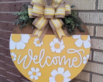 Handmade Welcome Door Hanger: Yellow Daisy Wreath with Burlap Bow