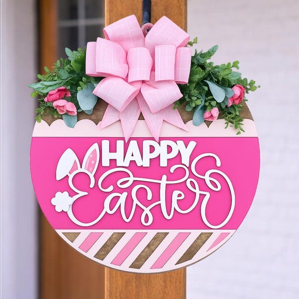 Letrero de Pascua rosa para puerta, decoración de conejito de Pascua, decoración de primavera para puerta de entrada, colgador de madera para puerta de Pascua.
