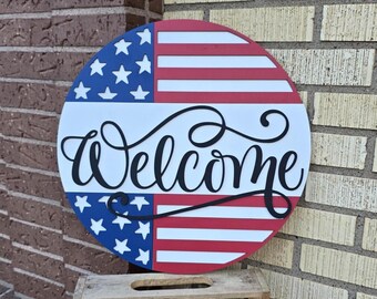 Handmade Patriotic Welcome Door Hanger: Birch Wood USA Flag Decor