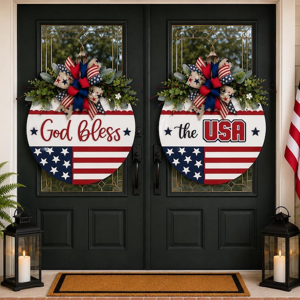Patriotic Double Door Decor God Bless The USA Door Hangers Fourth of July Door Decor Front Porch Decor Patriotic Wreath Set