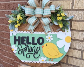 Hello Spring Door Hanger: Floral Wood Wreath, USA Handmade
