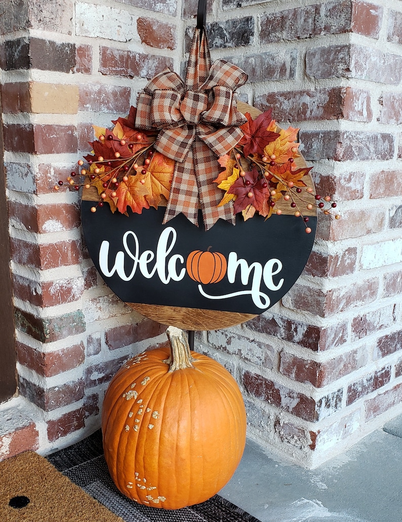 Door Hanger | Welcome Pumpkin| Front Door Decor | Farmhouse | Welcome door hanger | Welcome Wreath | Circle Hanger | Door Wreath | image 1