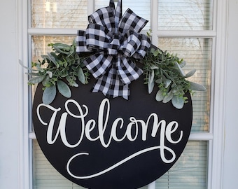 Handmade Welcome Door Hanger: Birch Wood, Greenery & Bow